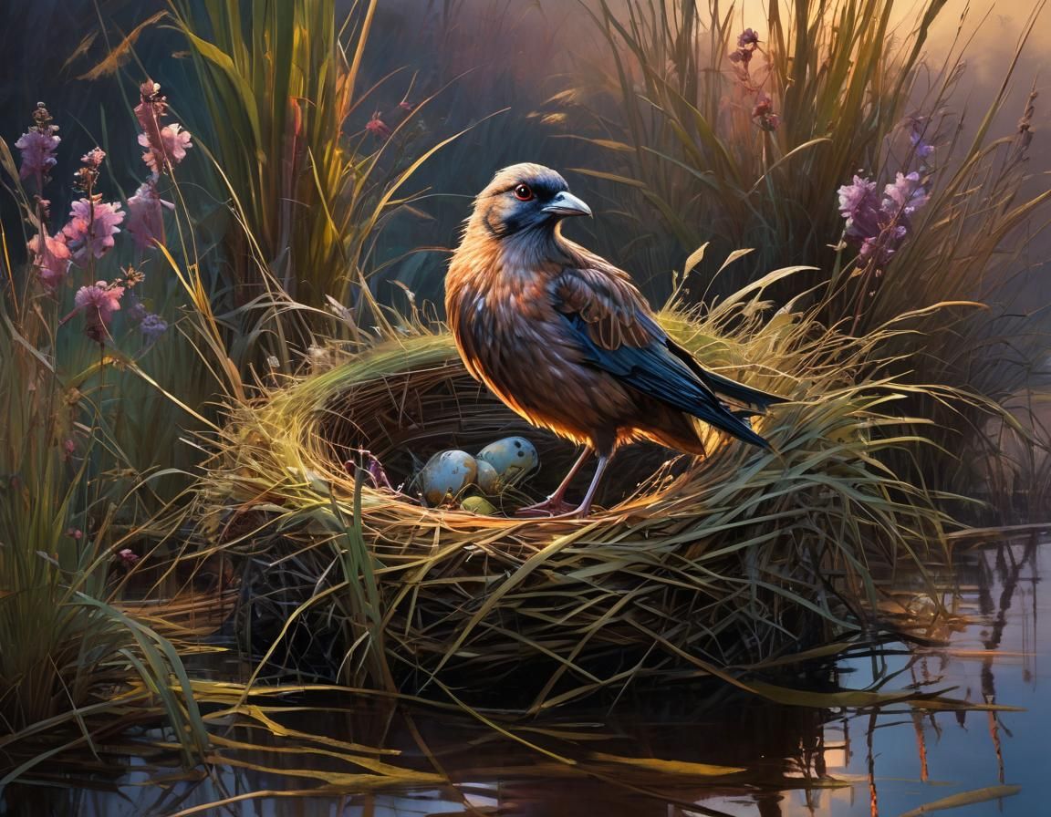 Bird's Nest in Reeds: A Romantic Oil Painting
