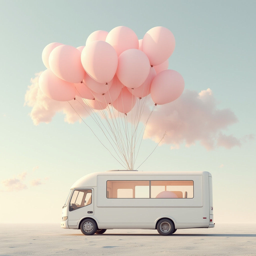 Surreal Truck Floats Away on Pink Balloons