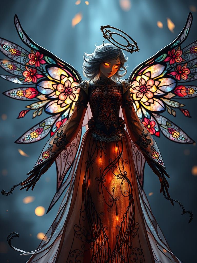 Fragile Angel Stained Glass Floral Gossamer Filigree Wings H...