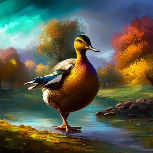 Duck with Knife in Autumn Park: Detailed Matte Painting