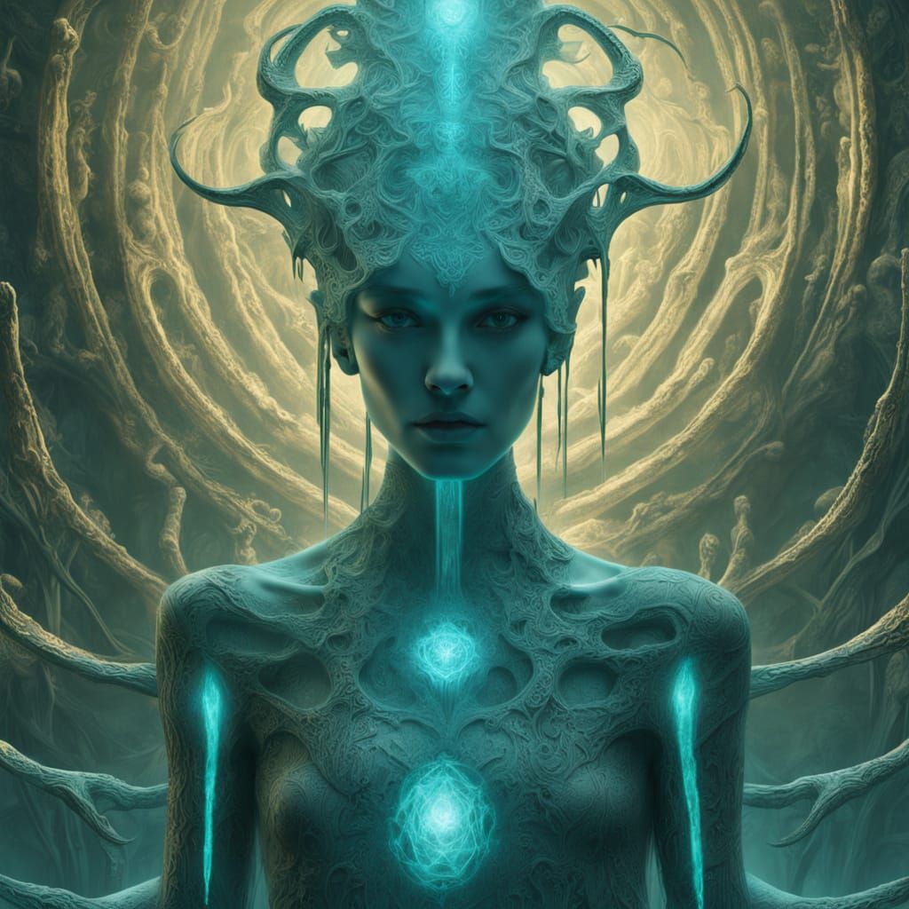 Majestic Androgynous Figure in Icy Cavern with Glowing Runes