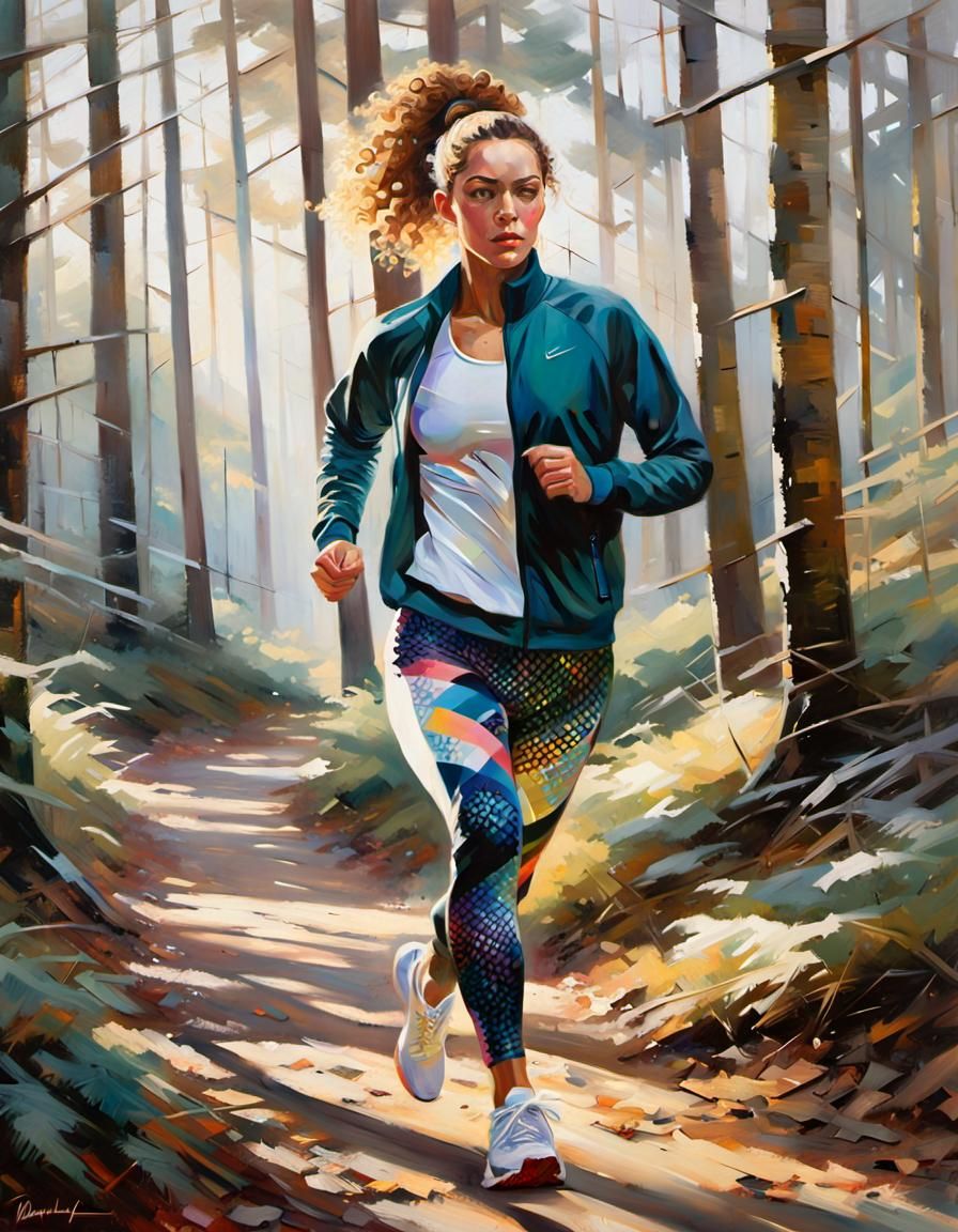 Girl Running in Forest: Impressionist-Style Painting