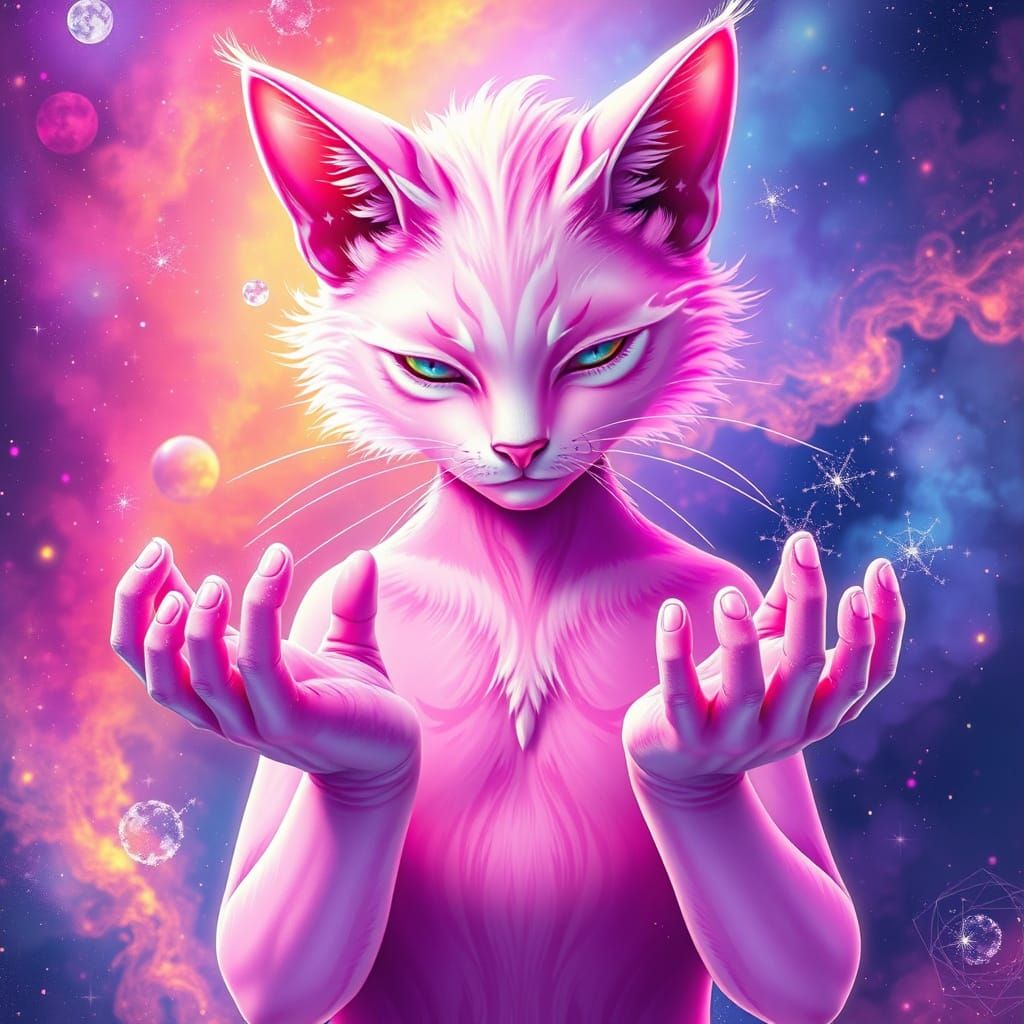 Ethereal Feline Warrior in Cosmic Dreamscape
