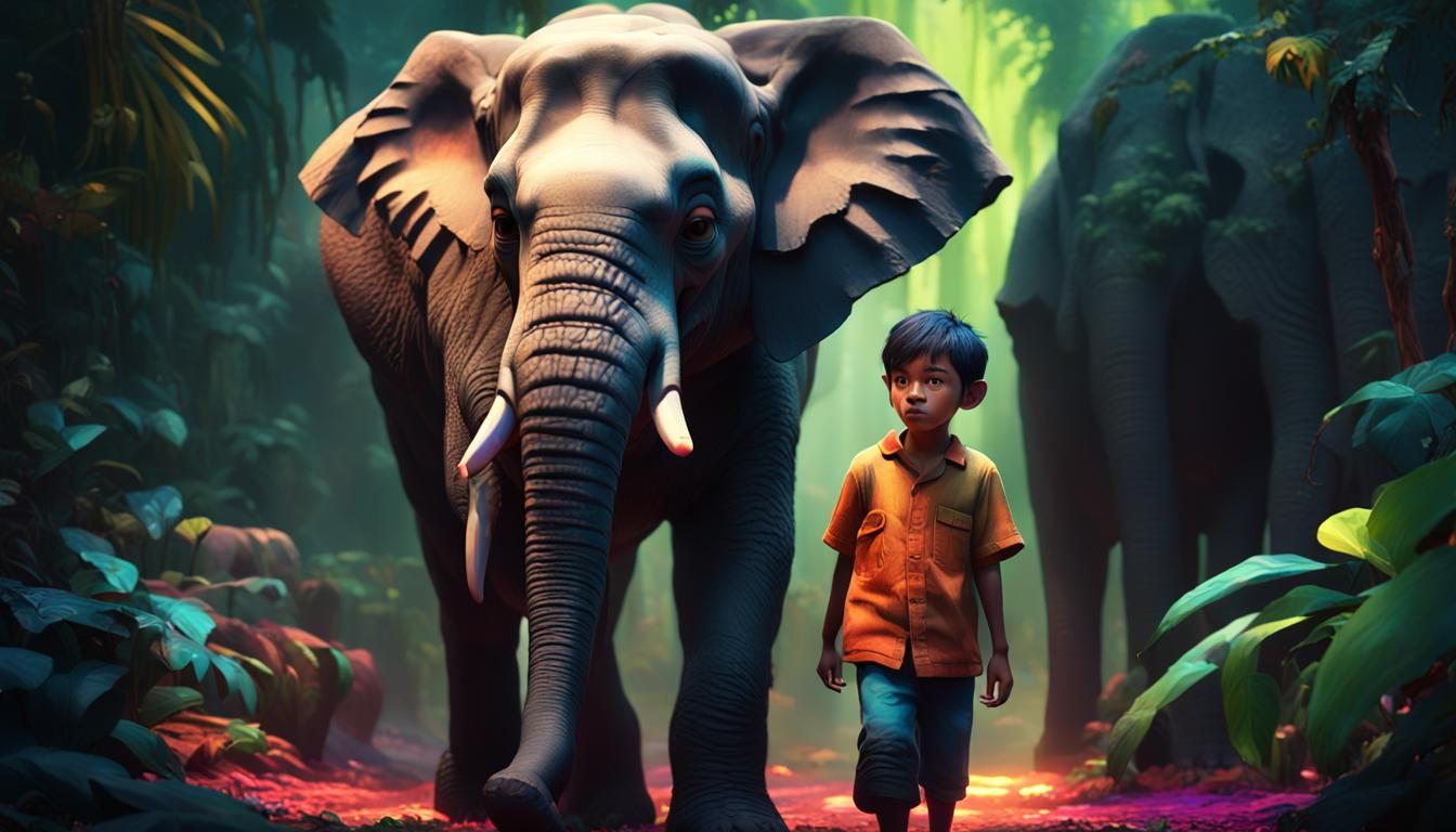 Boy and Elephant Journey Through Colorful Jungle