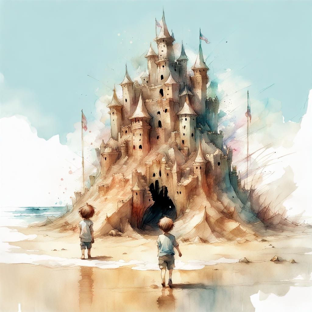 Chibi Kids Build Sandcastle in Digital Watercolor
