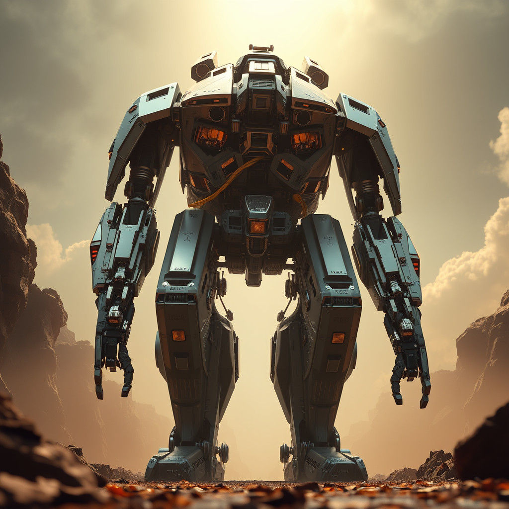 Detailed Mech Ground Level Shot in Sci-Fi Setting