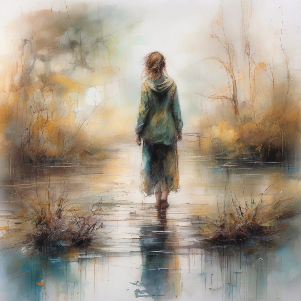 Lone Figure Crossing Bridge in Watercolor Style