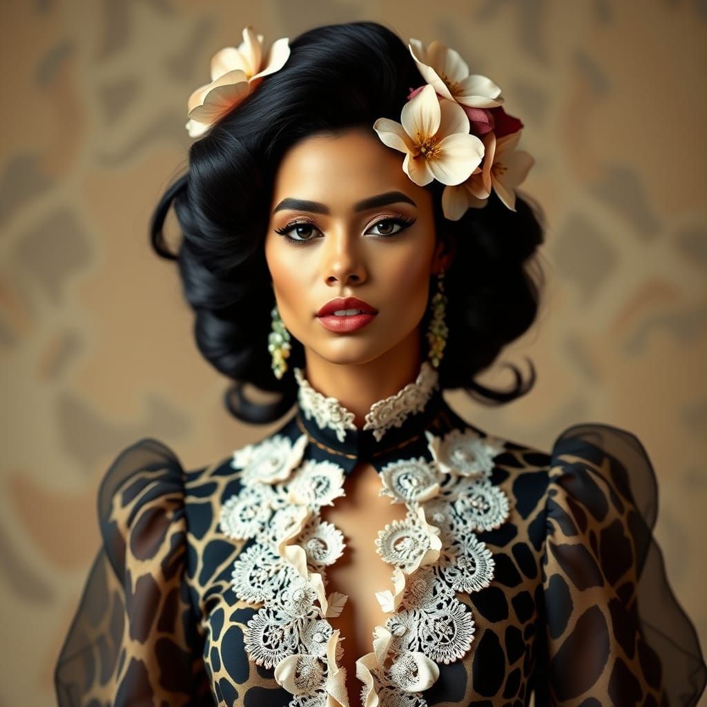 Haute Couture Model in Giraffe Print Jumpsuit