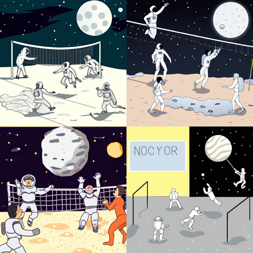 Astronauts and Cosmonauts Play Volleyball on the Moon