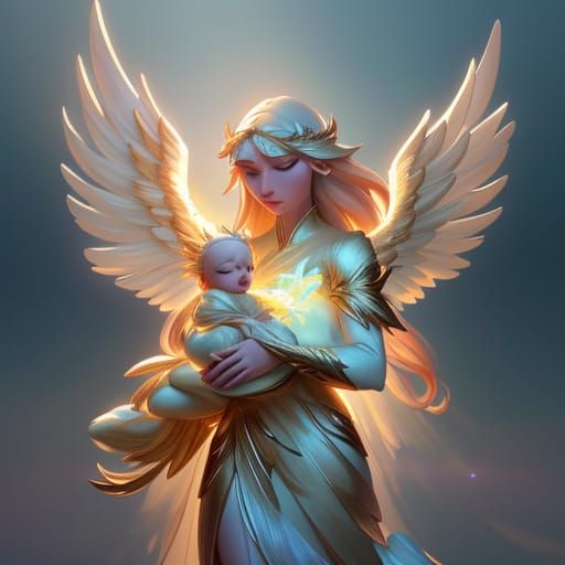 Golden Angel Carries Baby With Ethereal Light