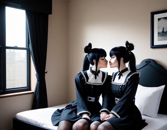 Twin Gothic Kitsunes Kissing in Bedroom