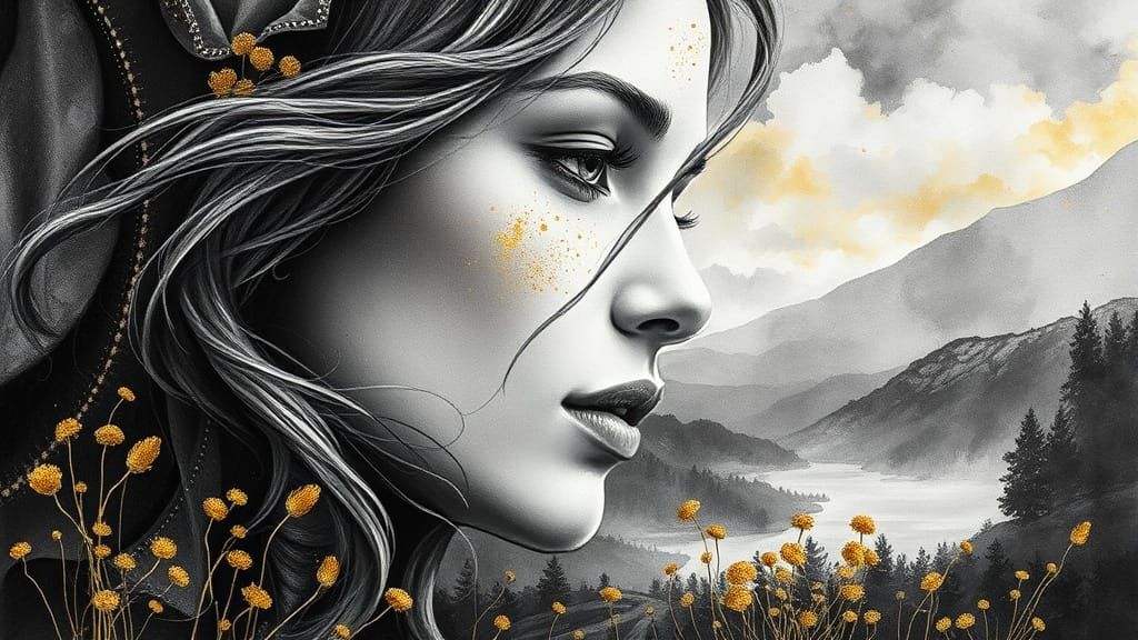 Monochrome Woman in Golden Klimt Landscape