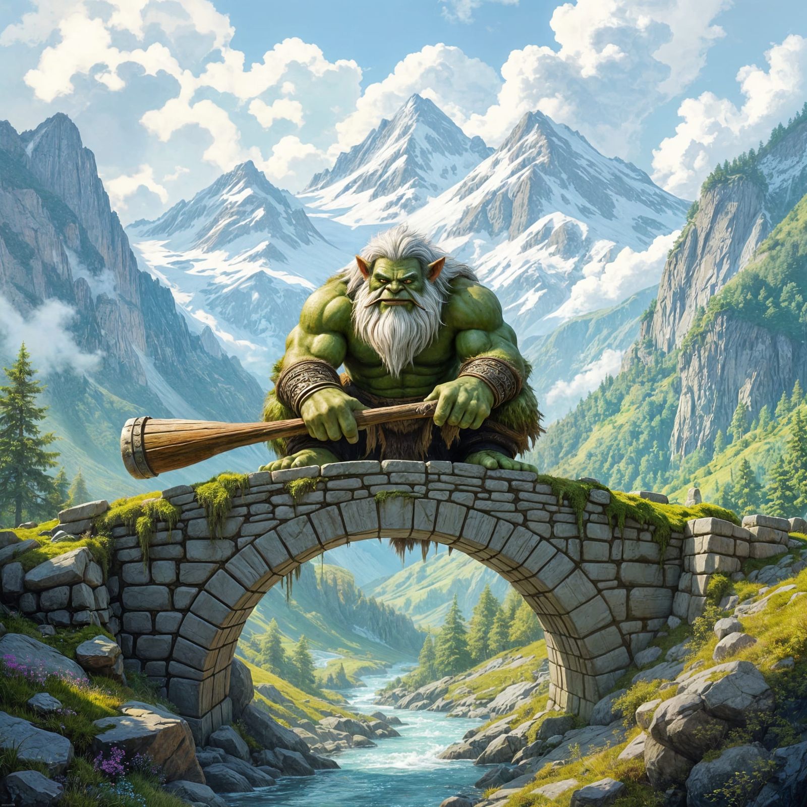 Mountain Troll on Stone Bridge in Pastel Fantasy