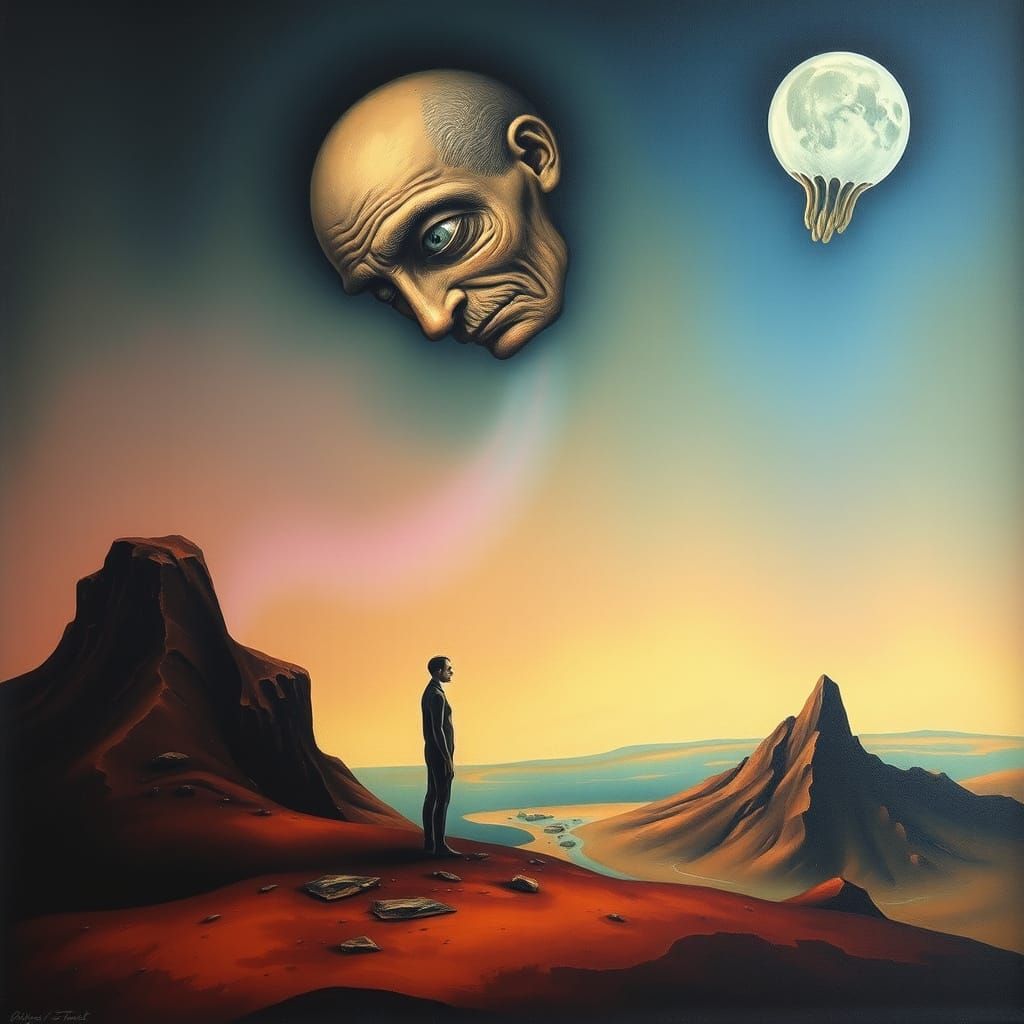 Surrealist Dreamscape with Melting Figure in Oil Painting St...