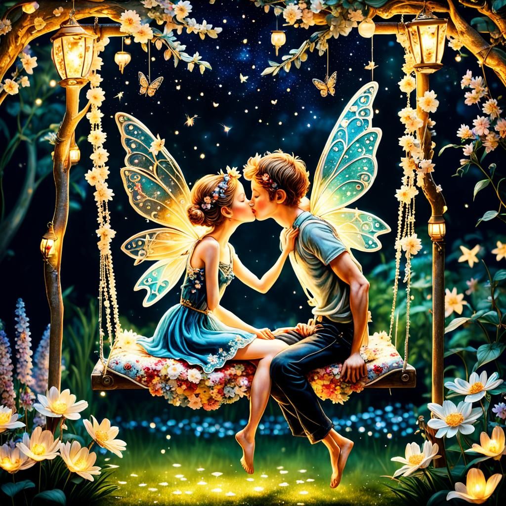 Enchanted Fairy Kiss in Klimt Style Garden