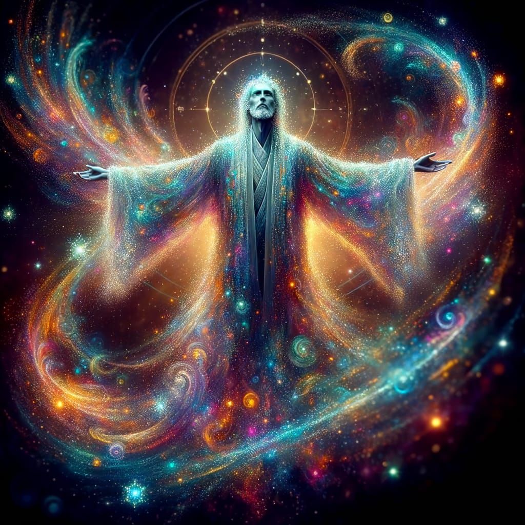 Mystical Man in Stardust Robes Amidst Cosmic Magic