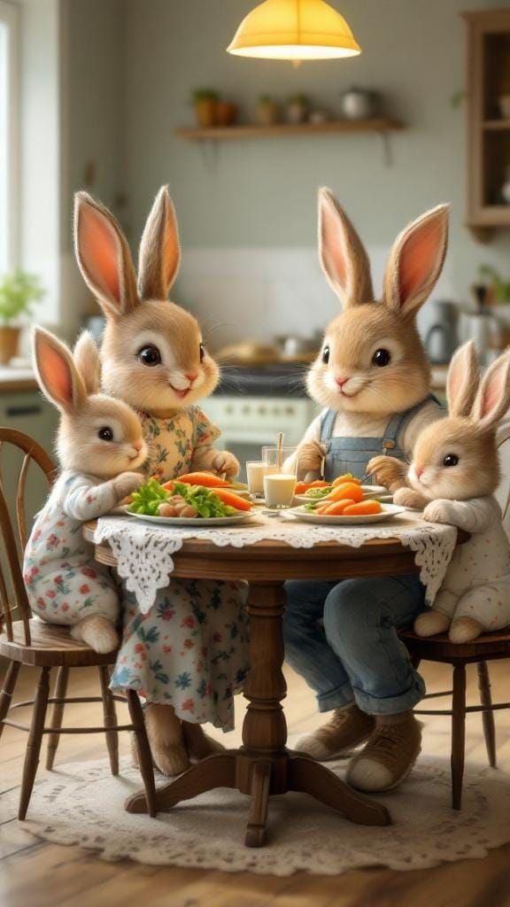 Felted Bunny Family Dinner in Whimsical Style