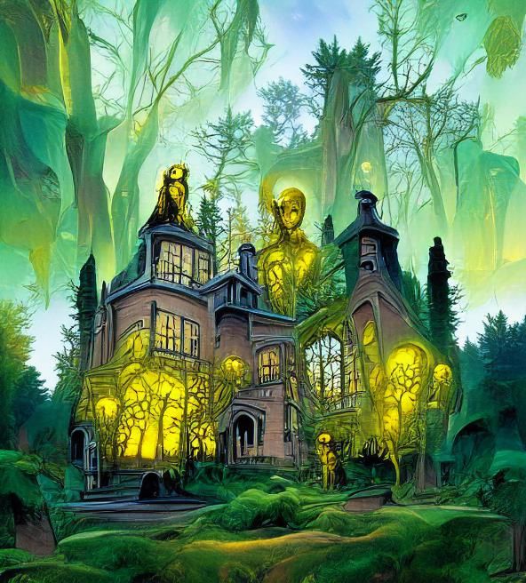 Glowing Gothic Mansion in Golden Age Illustration Style