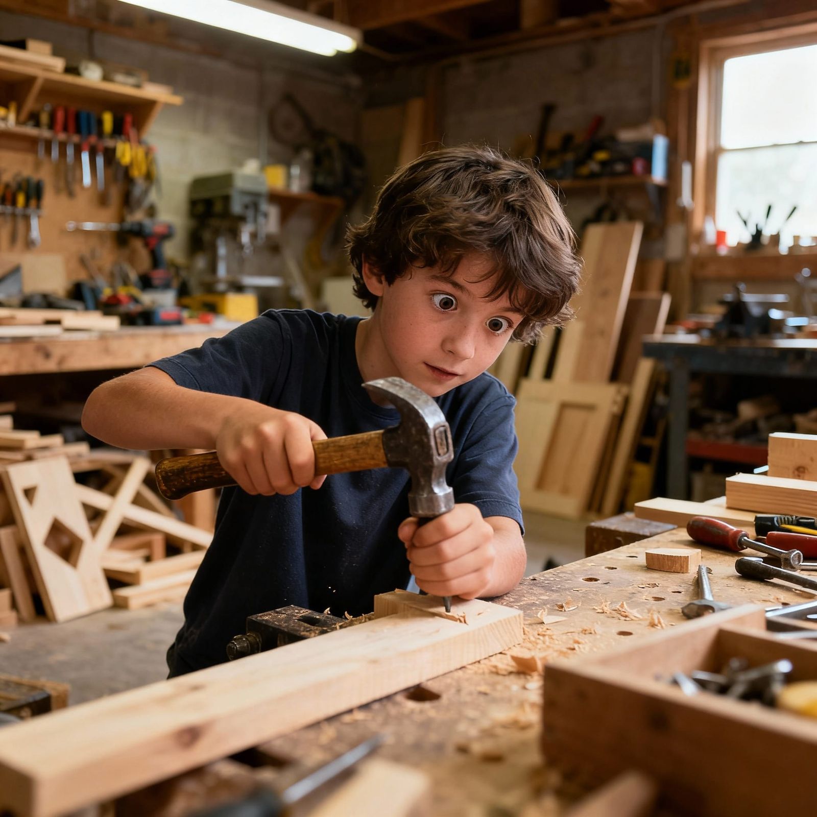 Beginner Fumbles with Hammer in Cluttered Workshop
