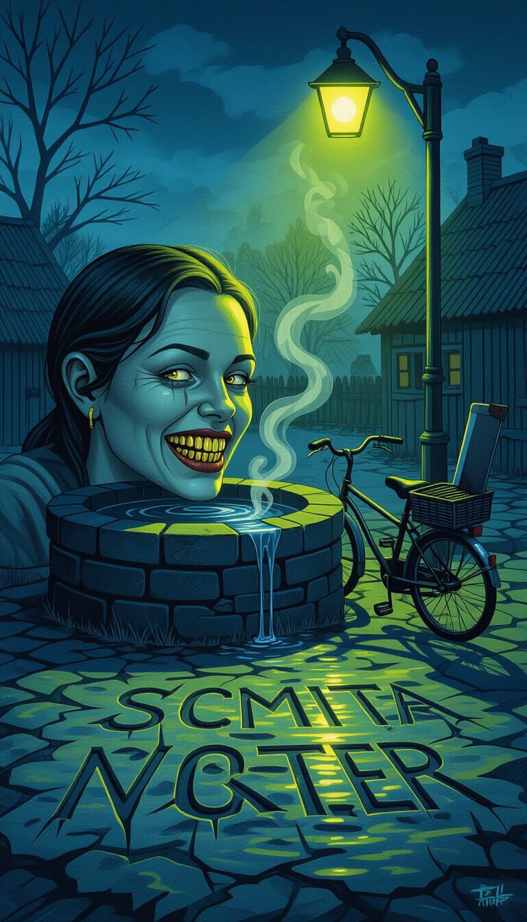 Surreal Woman Reflecting Gold Teeth in Well