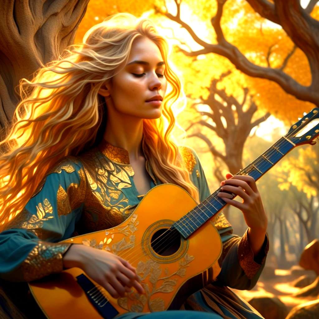 Girl Plays Guitar Under Ancient Tree, Art Nouveau