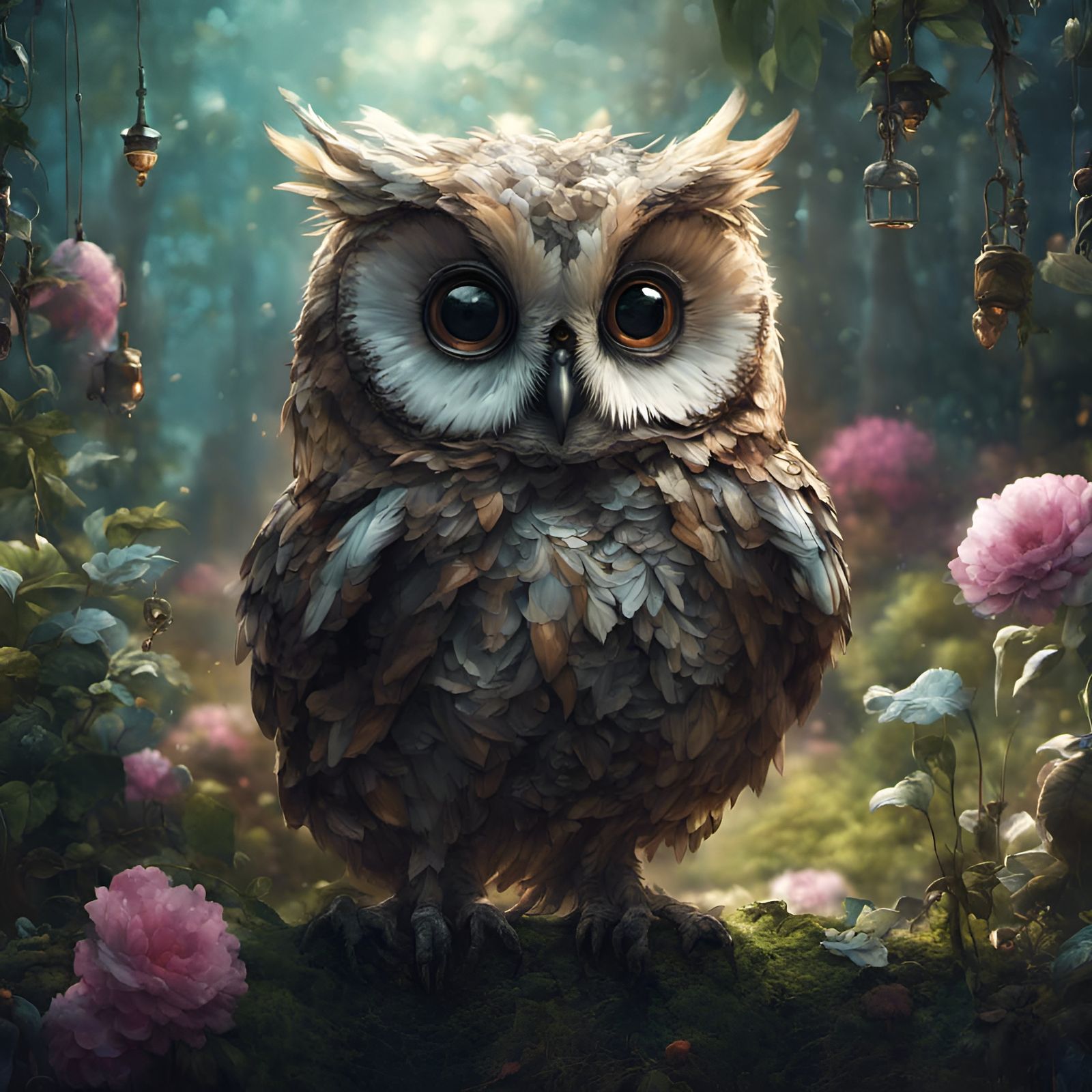 Adorable Chibi Owl in Garden, Detailed 3D Art