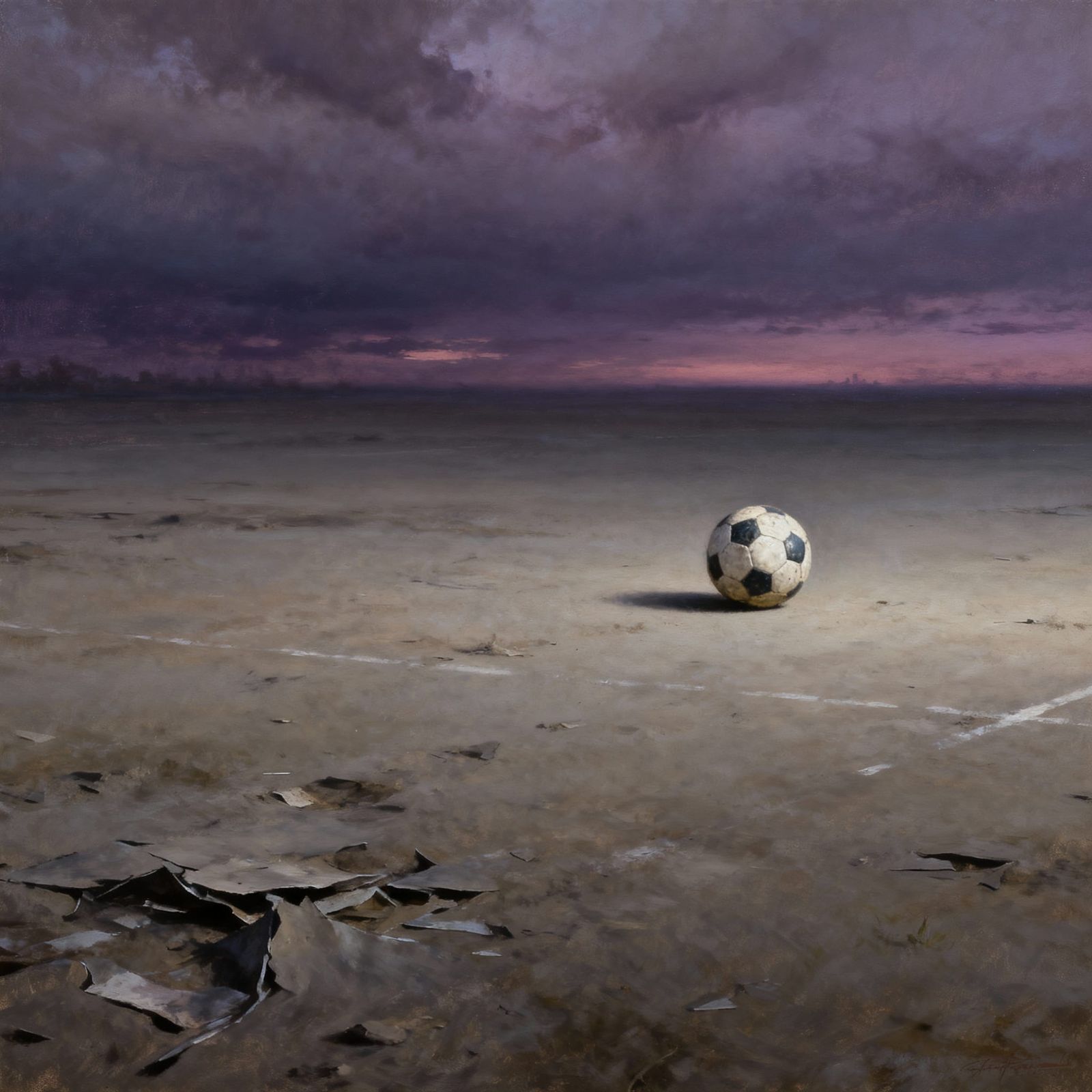 Lone Soccer Ball on Desolate Plain Under Twilight Sky