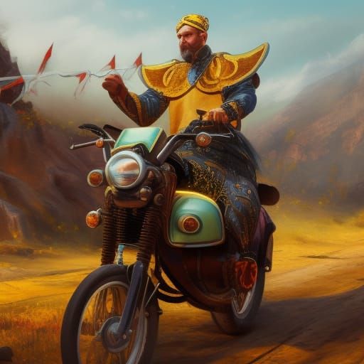 Cossack on Motorbike as Detailed Oil Painting