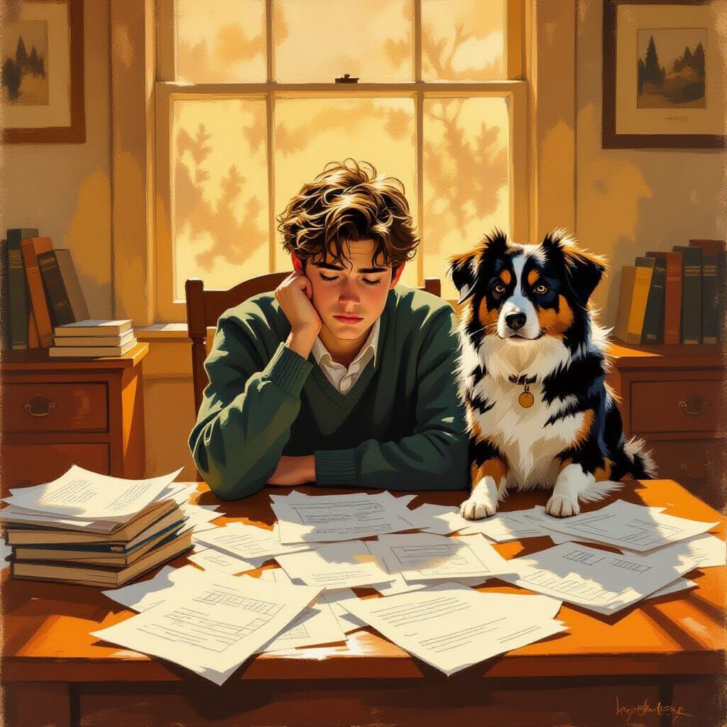 Embarrassed Student with Dog in Impressionist Style