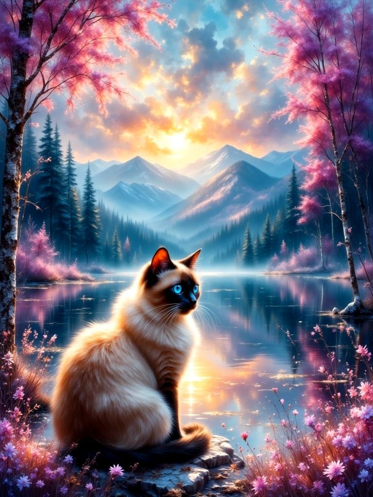 Serene Siamese Cat by Mirror Lake in Dreamscape