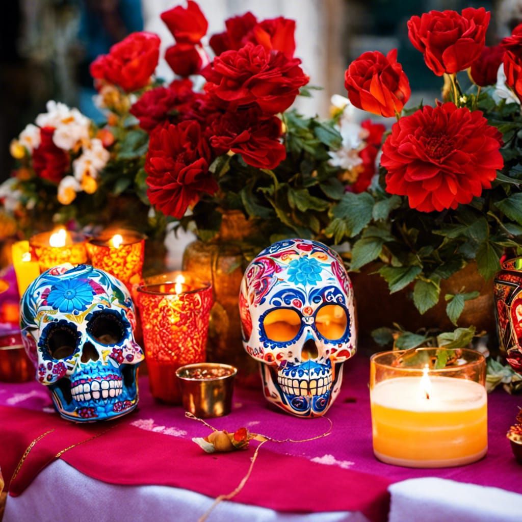 Day of the Dead Celebration with Marigolds and Calacas