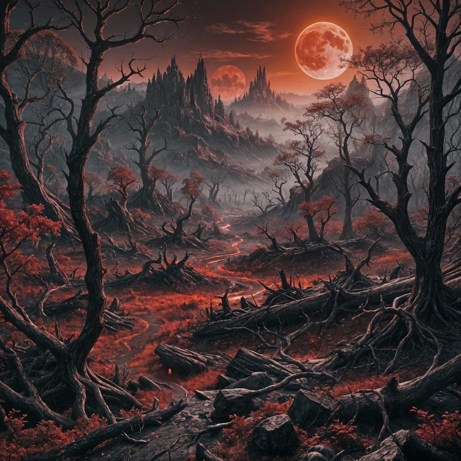 Red Moon Over Decaying Forest in Detailed Matte Painting