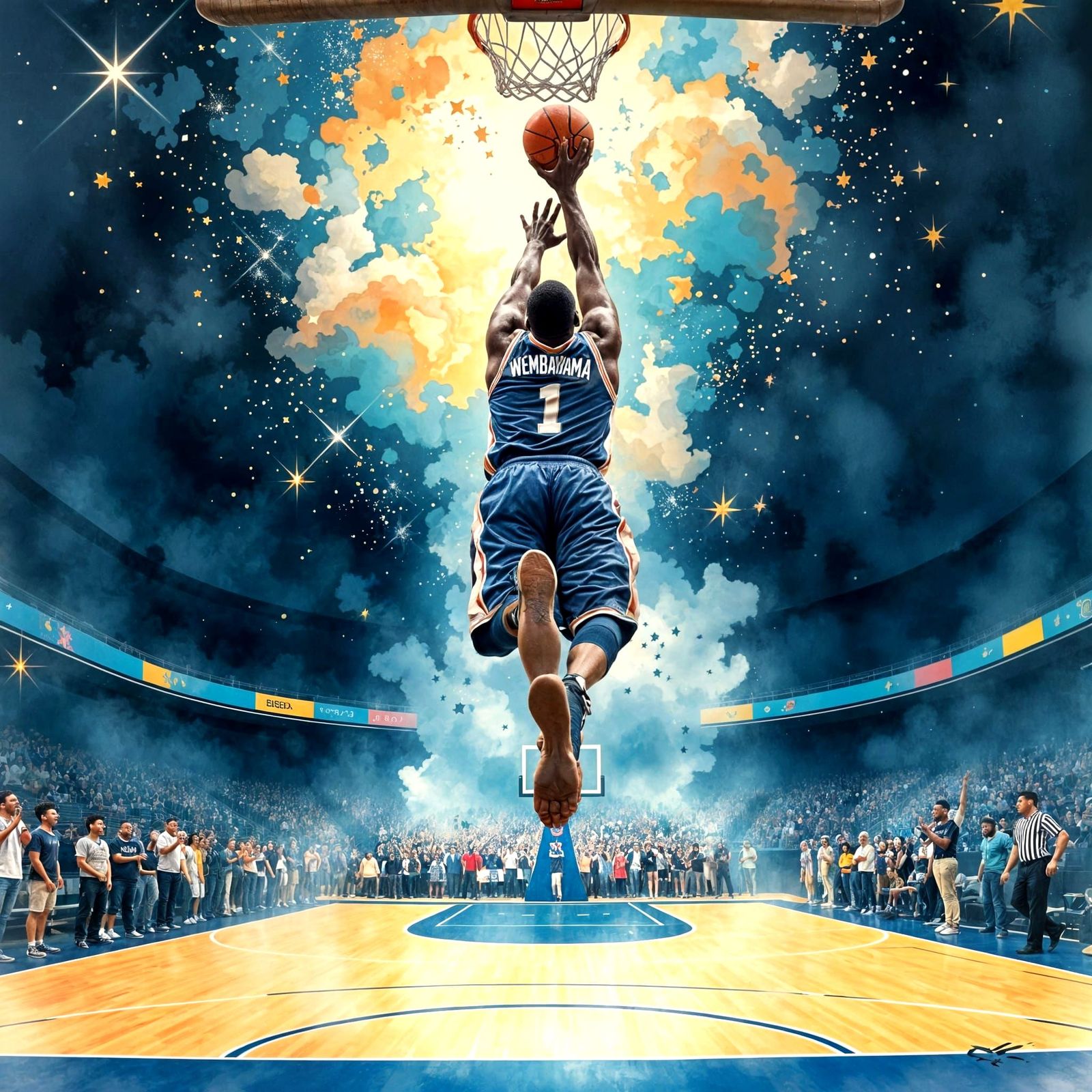 Wembanyama Dunking in a Watercolor Cosmos