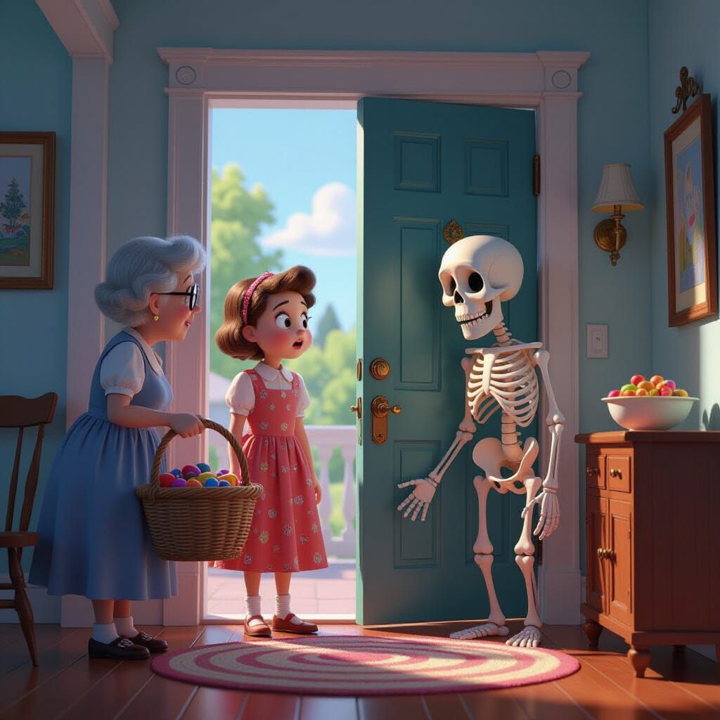 Whimsical Halloween Scene: Skeleton Greets Parents
