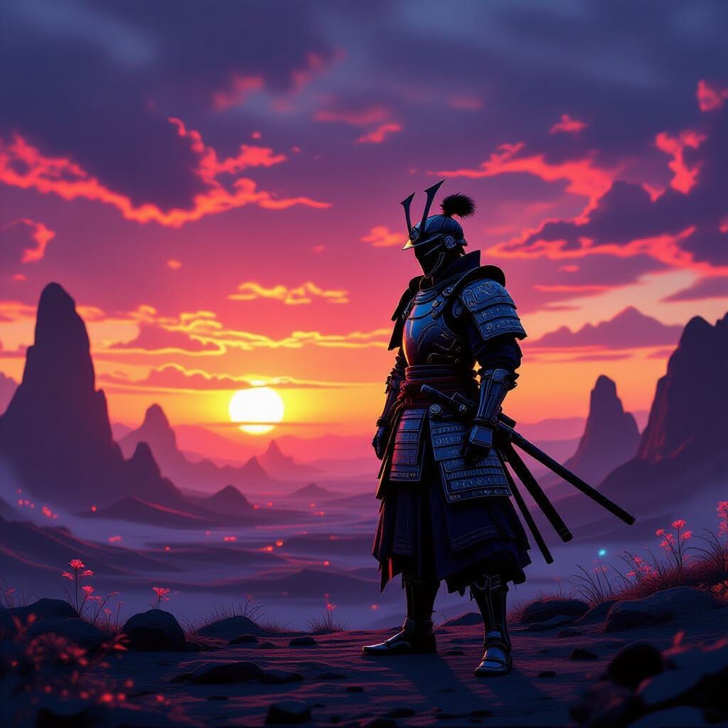 Cyberpunk Samurai at Alien Sunset