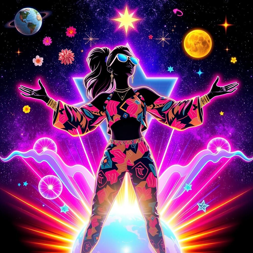 Vibrant Pop Icon Shines in Cosmic Holographic Universe