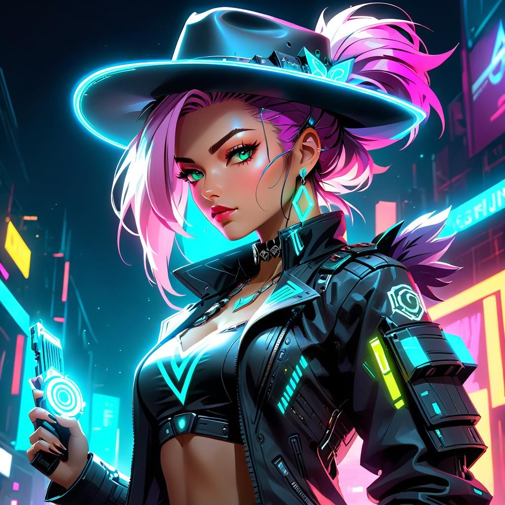 Cyberpunk Cowgirl Portrait in Vibrant Aetherpunk Style