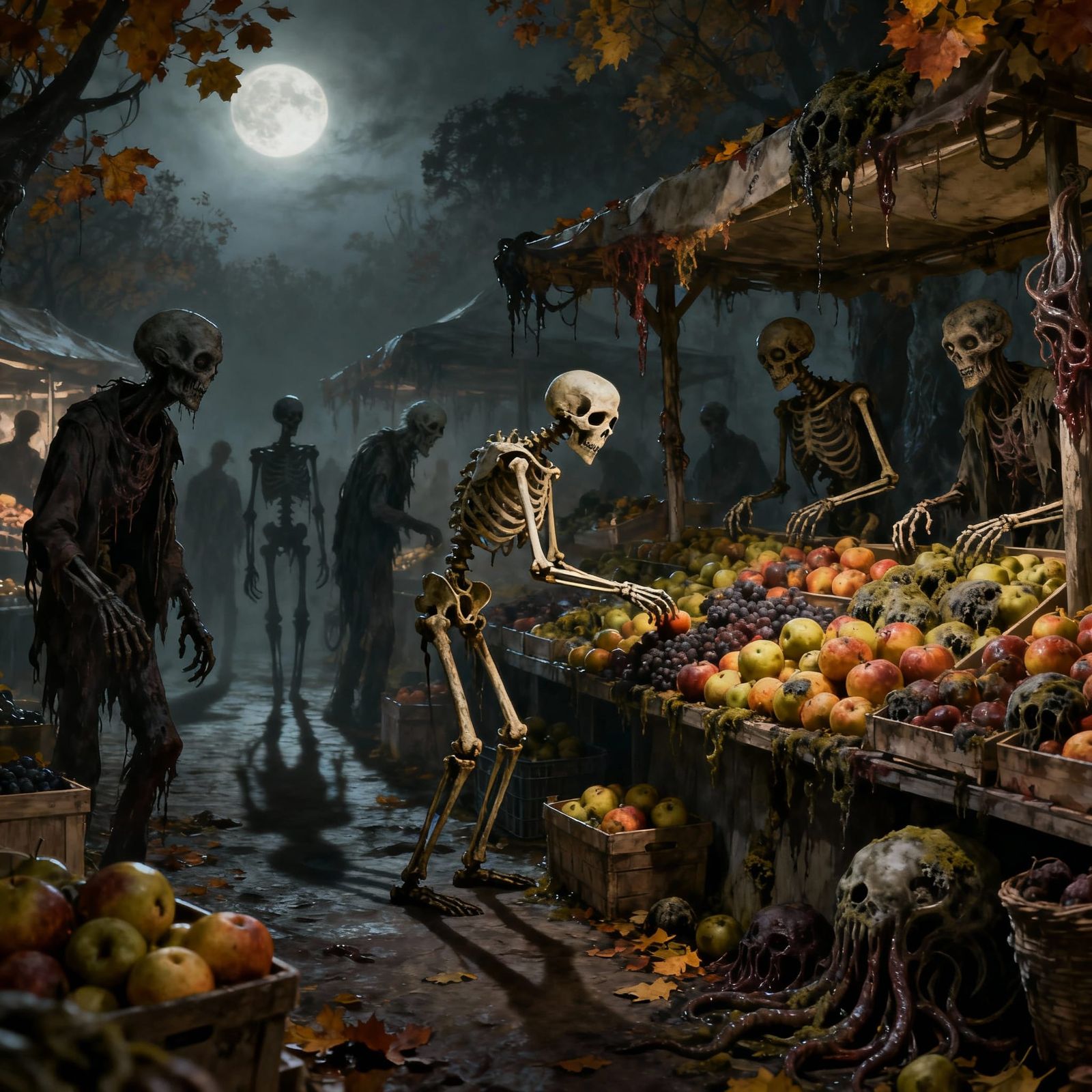Macabre Fall Market: Skeletons and Zombies Browse Moldy Frui...