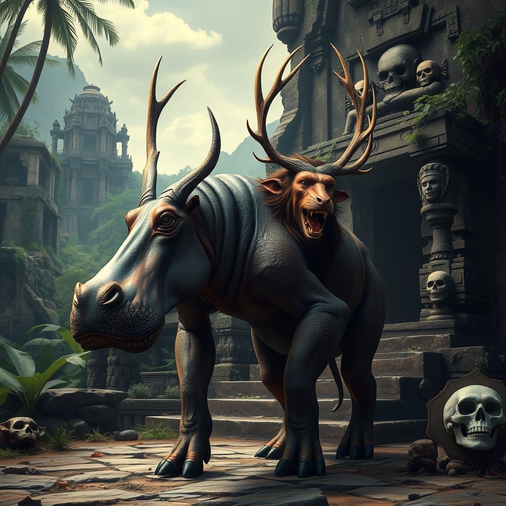 Majestic Hybrid Creature Before Ancient Temple