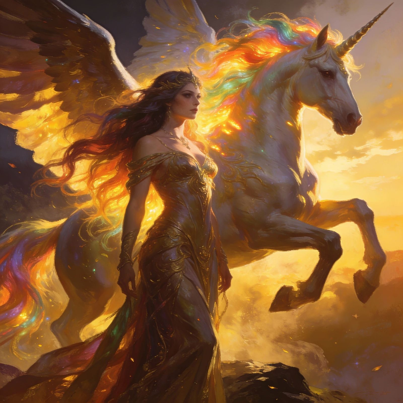 Elegant Goddess With Flying Unicorn In Ethereal Fantasy Art