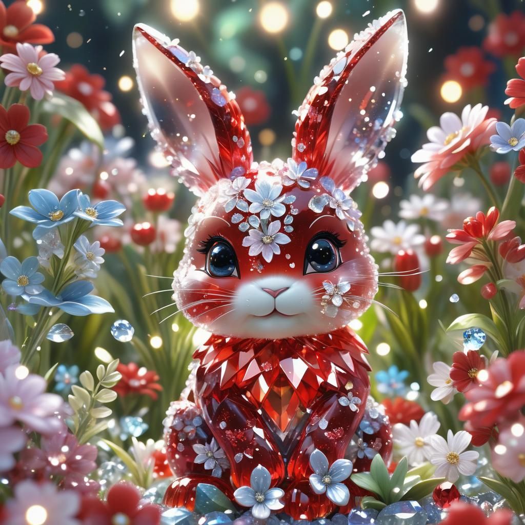 Red Crystal Bunny in Crystal Garden, Anime Art