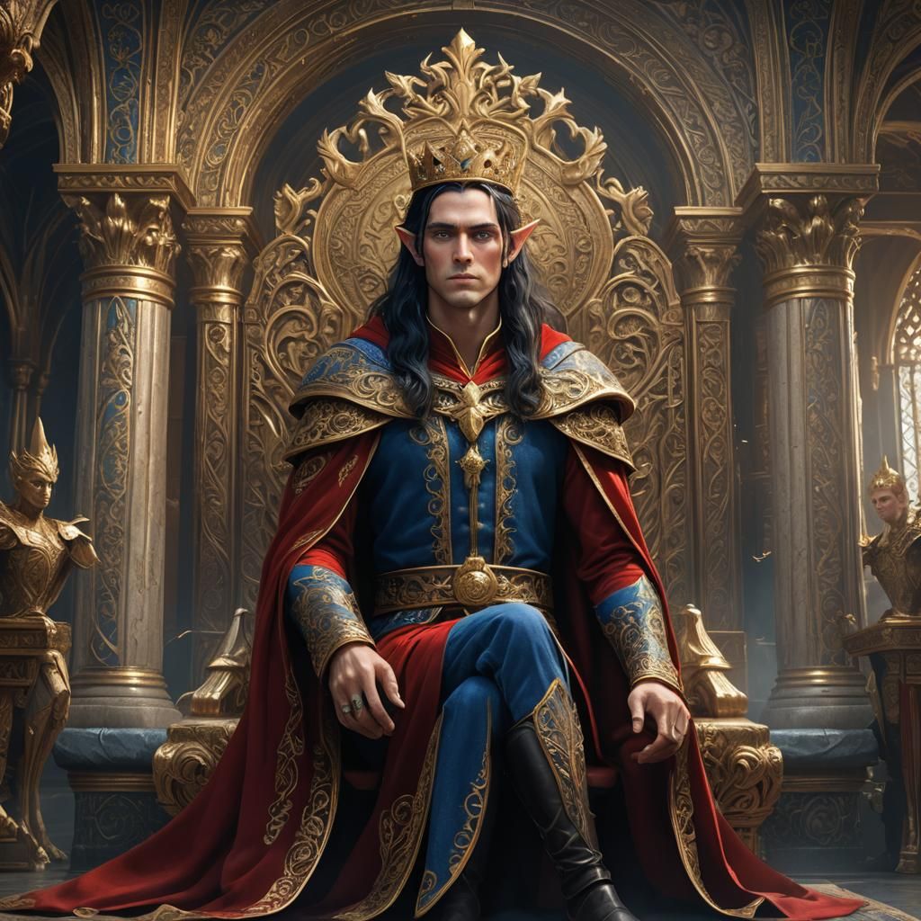 A male elf, around late 40's, with long black hair, blue eye...