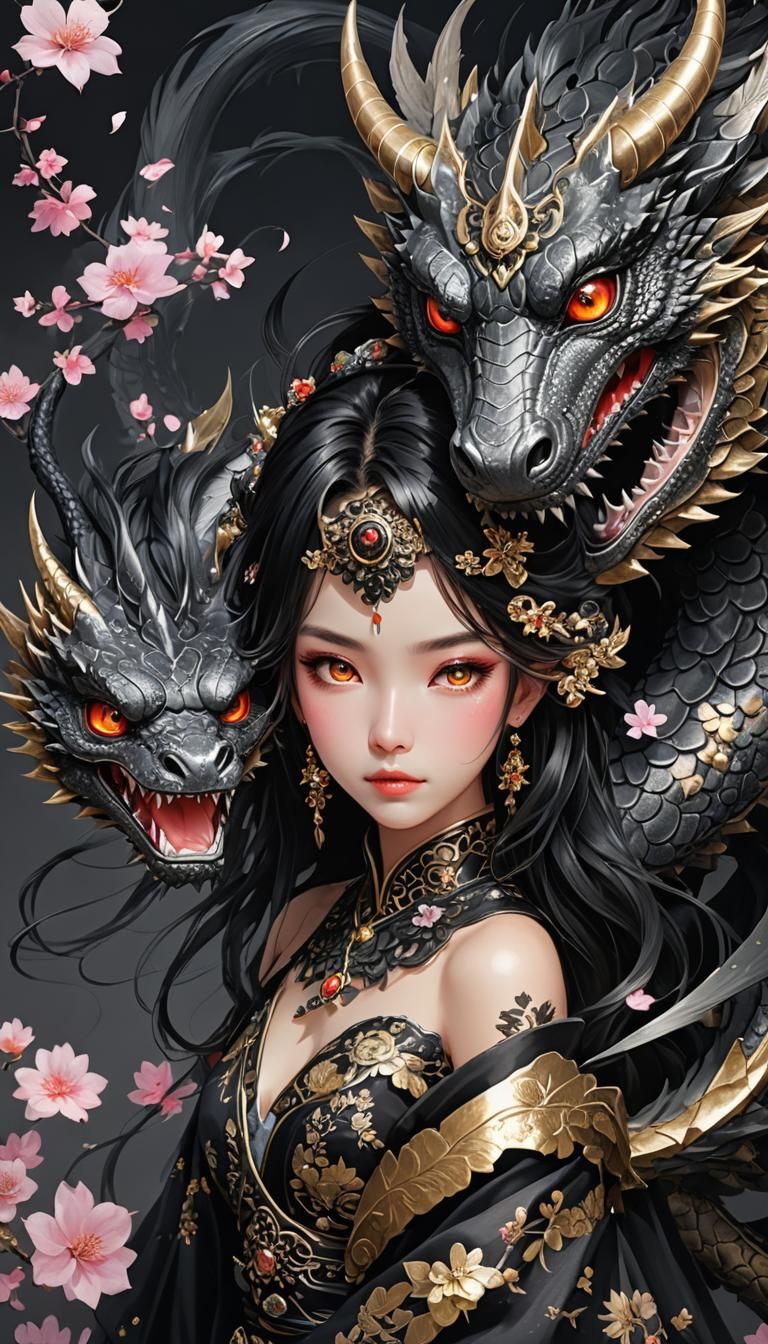 Dragon with Japanese Princess in Fairy-Tale Fantasy