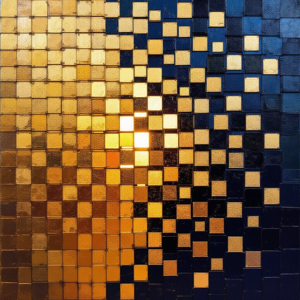 Abstract Gold Squares Painting with Dynamic Reflections