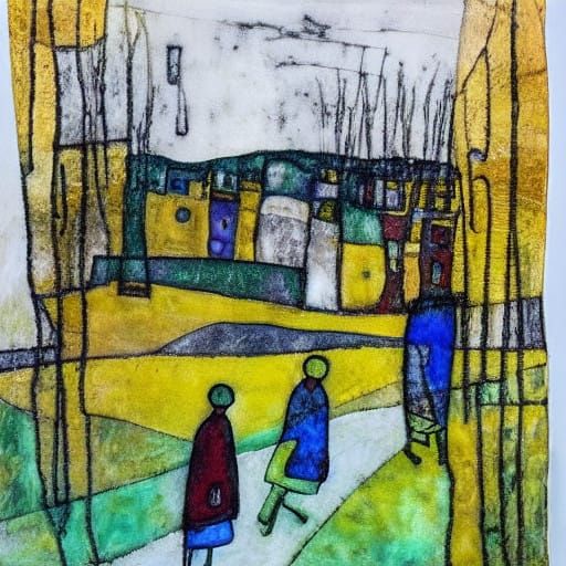 Vibrant Expressionist Walking Scene in Mixed Media