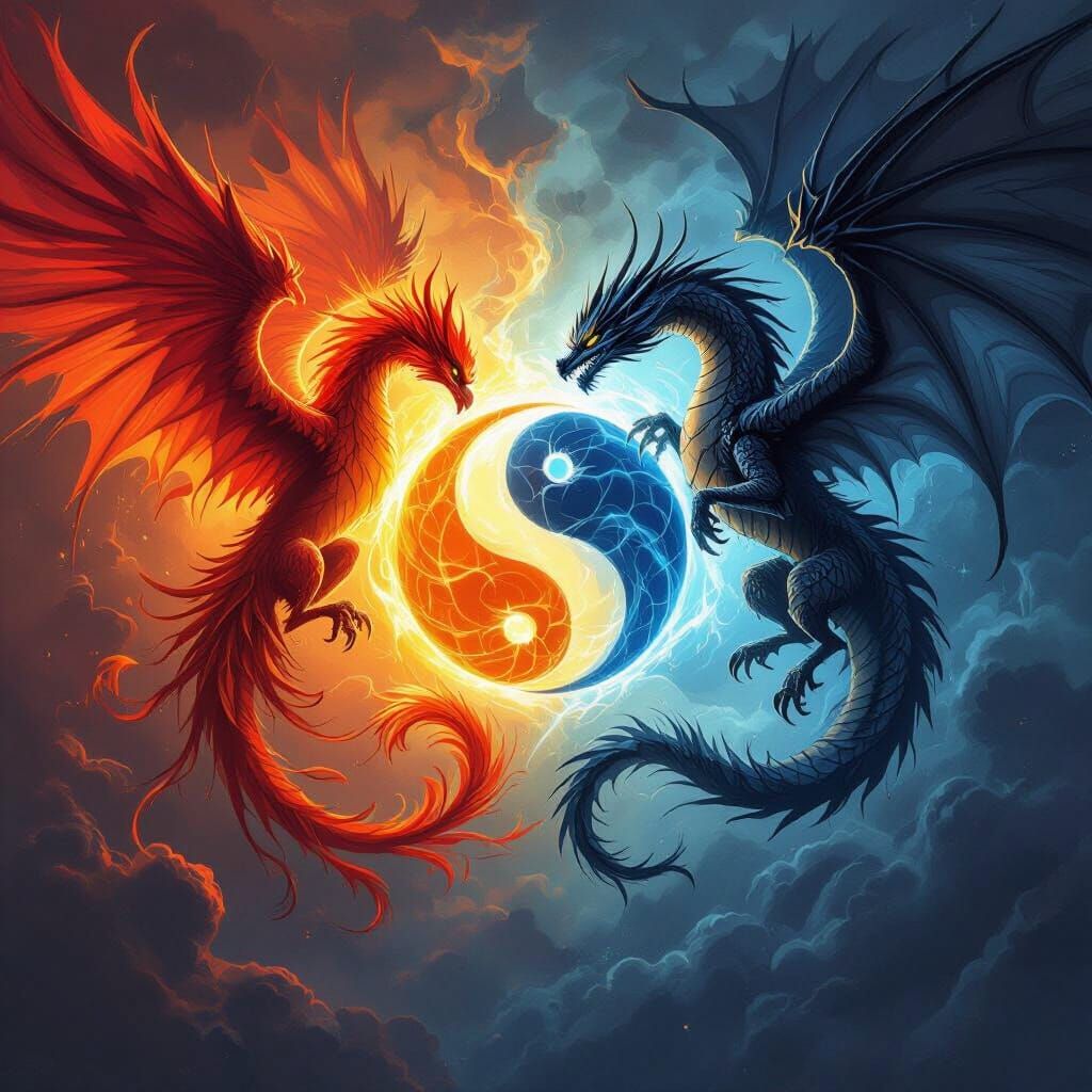 Phoenix and Dragon Yin Yang: Epic Fantasy Art