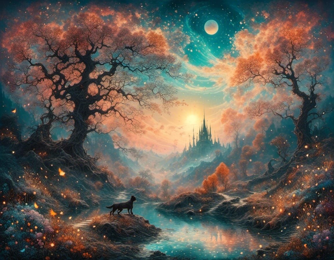 Colorful Fantasy Garden in Silhouette Illustration