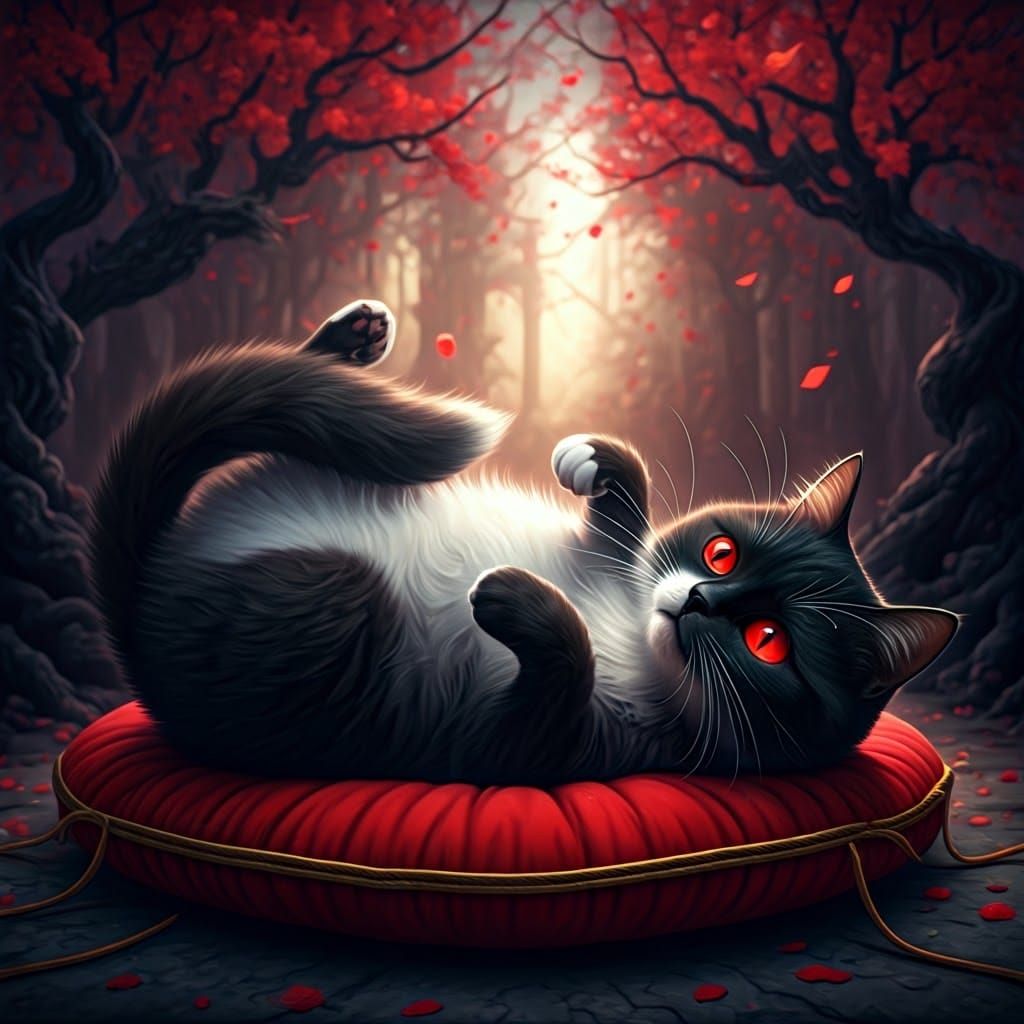 Adorable Black Cat on Heart Cushion: Dark Fantasy Art