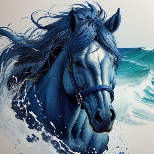 Blue Pen Sketch: Man and Galloping Horse