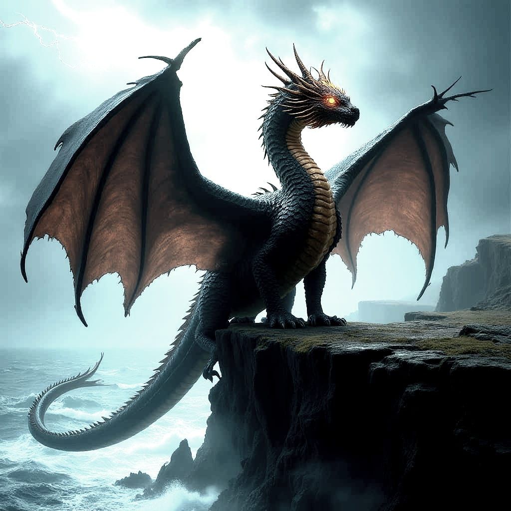 Dragon-Serpent Hybrid on Cliff in Dramatic Lighting